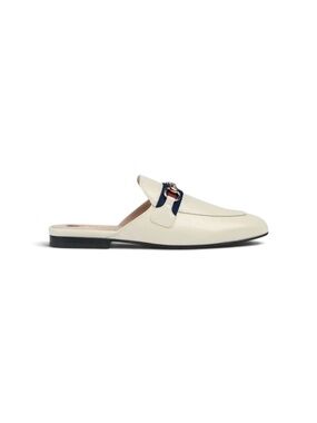 Gucci Princetown Malaga Kid Web Leather Horsebit Mules Slippers White EU 37.5